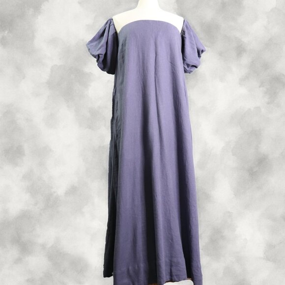 Free People Julietta Off Shoulder Maxi Dress S Blue Granite Linen Puff Sleeve - Picture 5 of 16